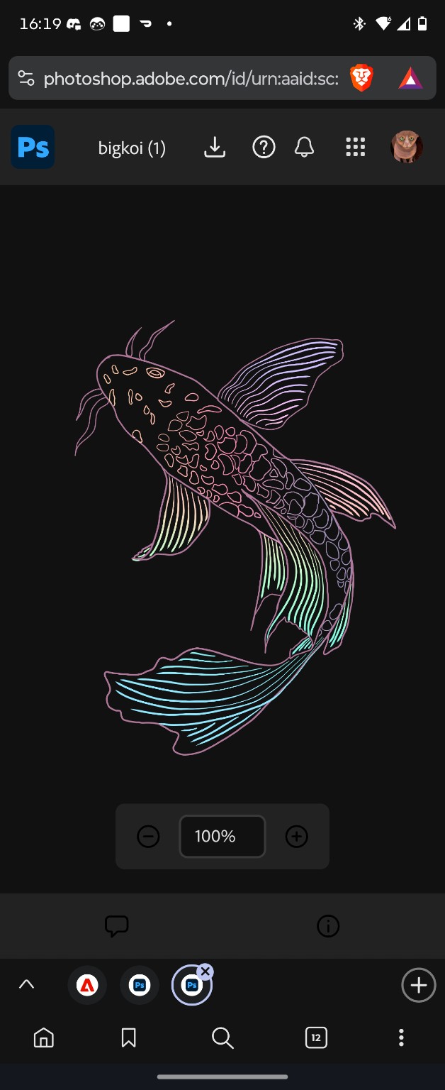 Flowing koi fish drawn in delicate multicoloured lines
