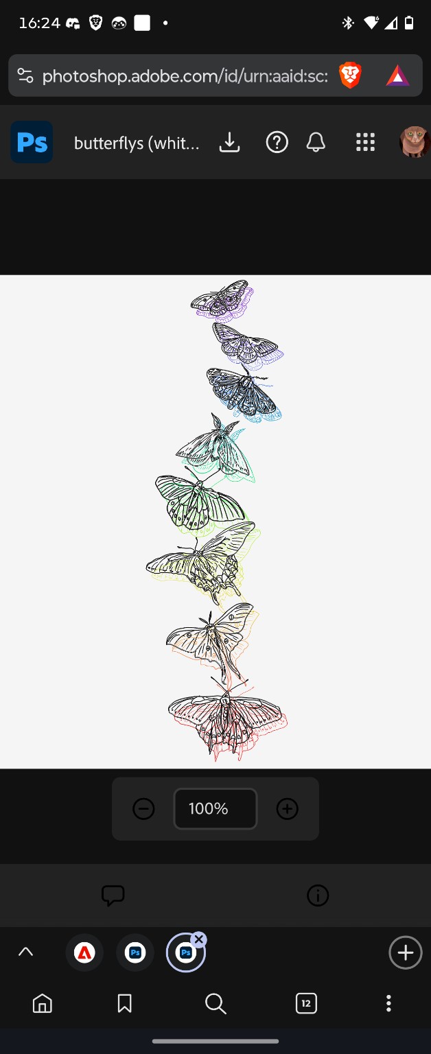 A vertical sequence of intricate butterflies and moths with coloured outlines on white
