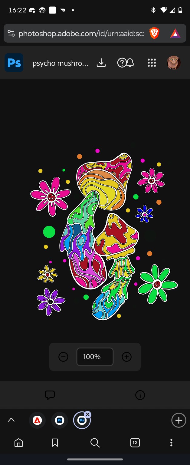 Bright multicoloured mushrooms surrounded by flowers and dots