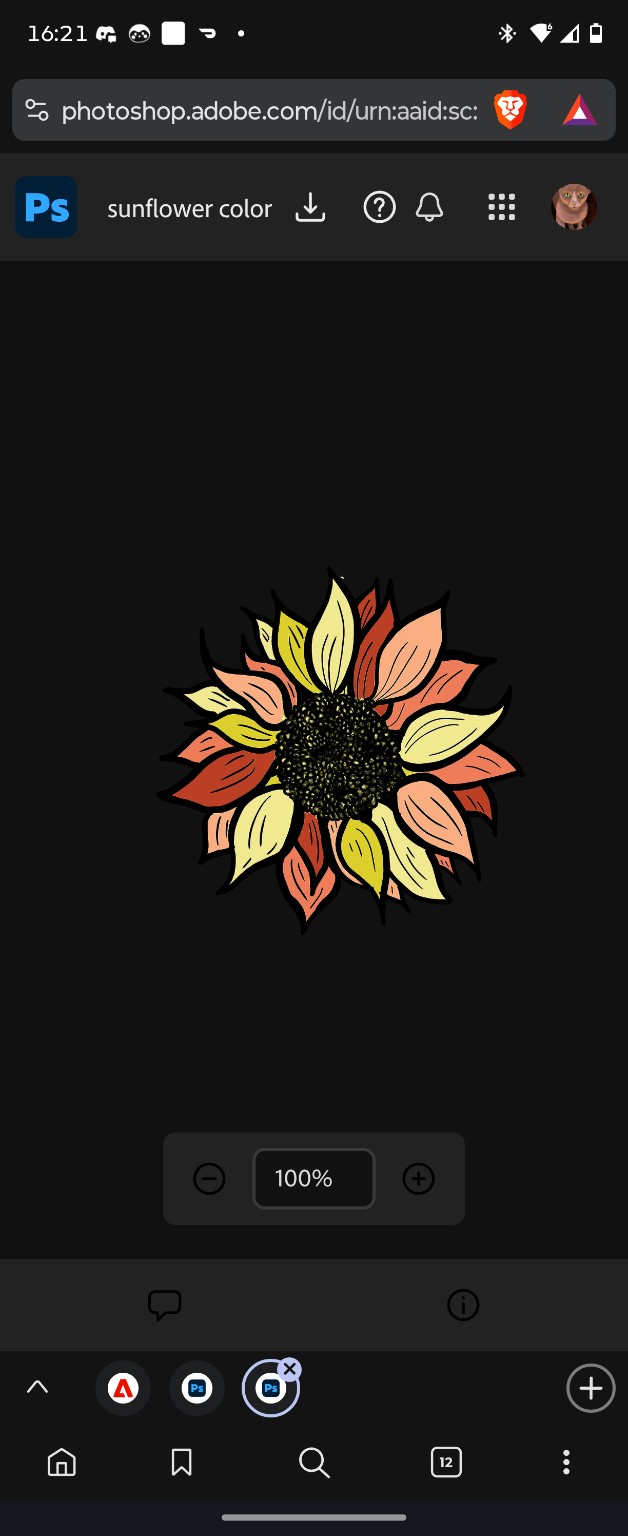 Illustrated sunflower with orange and yellow petals and a dark textured centre