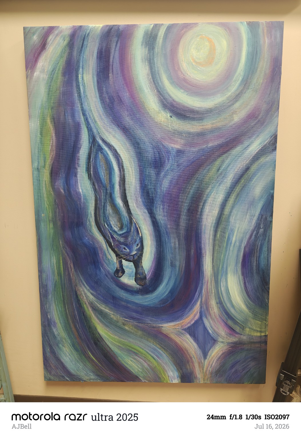 A dark cat moving through swirling blue, violet and green bands beneath a luminous circle
