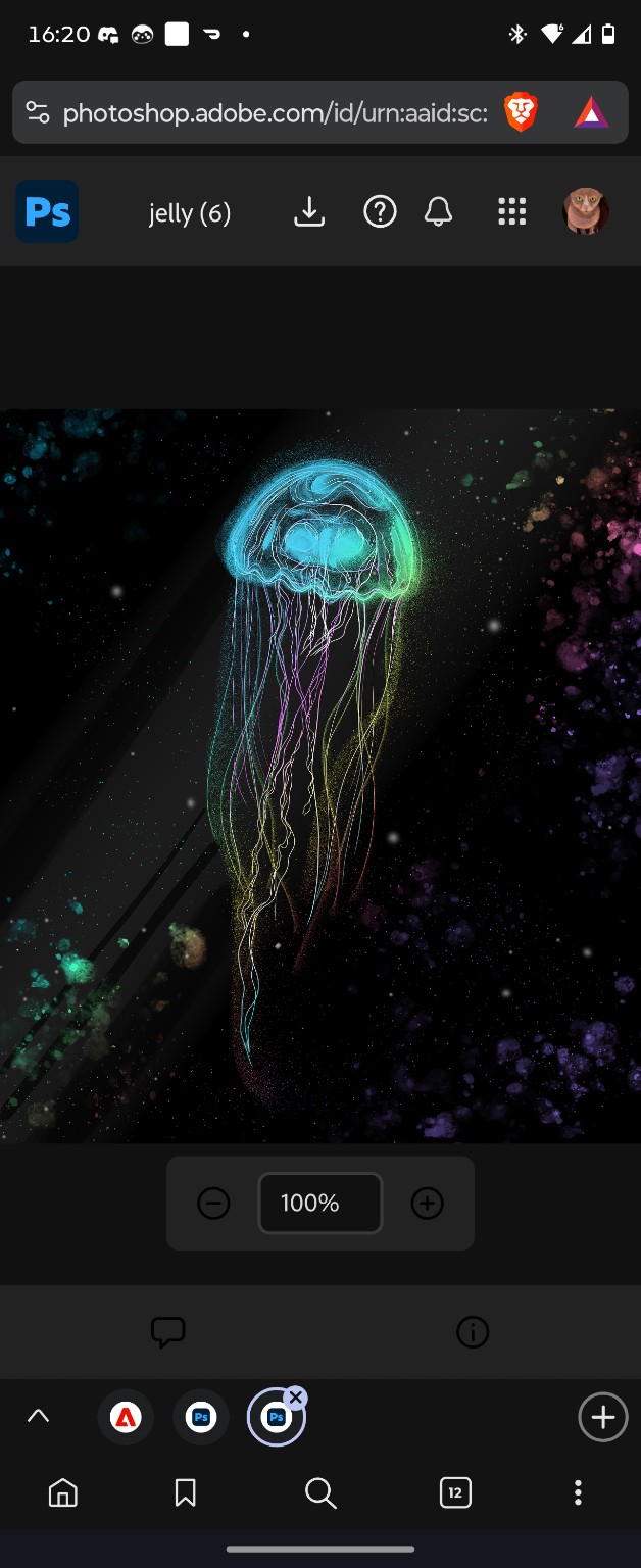 Luminous blue jellyfish with rainbow tentacles in a dark, speckled space