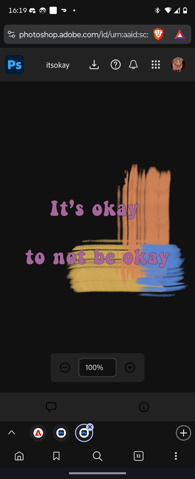 Purple lettering over orange, yellow and blue brushstrokes